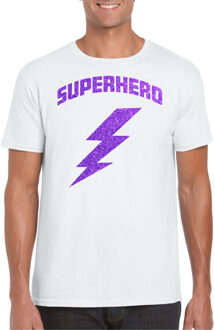 Bellatio Decorations Verkleed T-shirt voor heren - superheld - wit/paars - stripfiguren - carnaval/themafeest XL