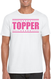 Bellatio Decorations Verkleed T-shirt voor heren - topper - wit - roze glitters - feestkleding 2XL