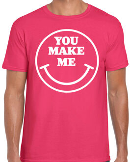 Bellatio Decorations Verkleed T-shirt voor heren - you make me - smiley - roze - carnaval - foute party L