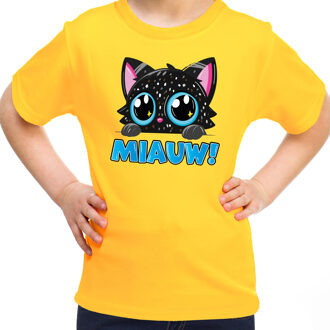 Bellatio Decorations Verkleed T-shirt voor jongens/meisjes - Miauw - geel - carnaval - feestkleding voor kinderen M (134-140)