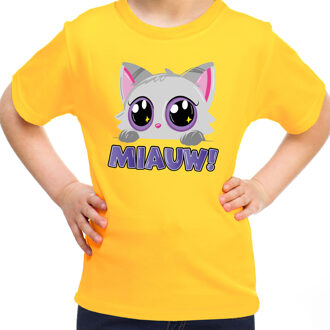 Bellatio Decorations Verkleed T-shirt voor jongens/meisjes - Miauw - geel - carnaval - feestkleding voor kinderen S (122-128)