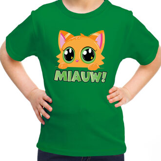 Bellatio Decorations Verkleed T-shirt voor jongens/meisjes - Miauw - groen - carnaval - feestkleding voor kinderen XS (110-116)