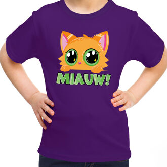 Bellatio Decorations Verkleed T-shirt voor jongens/meisjes - Miauw - paars - carnaval - feestkleding voor kinderen L (146-152)