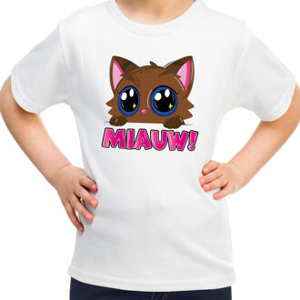 Bellatio Decorations Verkleed T-shirt voor jongens/meisjes - Miauw - wit - carnaval - feestkleding voor kinderen L (146-152)
