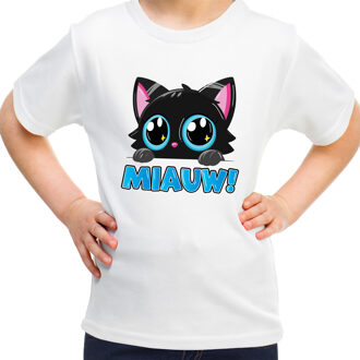 Bellatio Decorations Verkleed T-shirt voor jongens/meisjes - Miauw - wit - carnaval - feestkleding voor kinderen L (146-152)
