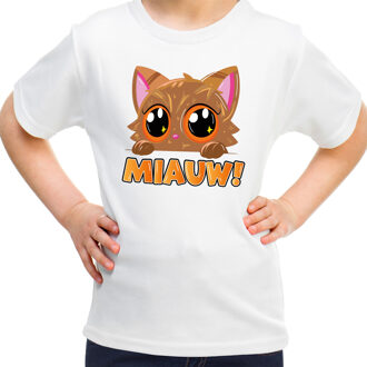 Bellatio Decorations Verkleed T-shirt voor jongens/meisjes - Miauw - wit - carnaval - feestkleding voor kinderen L (146-152)