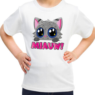 Bellatio Decorations Verkleed T-shirt voor jongens/meisjes - Miauw - wit - carnaval - feestkleding voor kinderen XS (110-116)