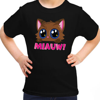 Bellatio Decorations Verkleed T-shirt voor jongens/meisjes - Miauw - zwart - carnaval - feestkleding voor kinderen M (134-140)
