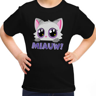 Bellatio Decorations Verkleed T-shirt voor jongens/meisjes - Miauw - zwart - carnaval - feestkleding voor kinderen XS (110-116)