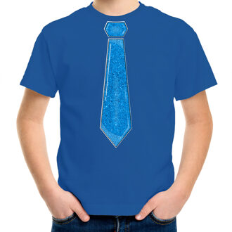 Bellatio Decorations Verkleed t-shirt voor kinderen - glitter stropdas - blauw - jongen - carnaval/themafeest kostuum L (140-152)