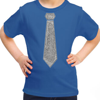 Bellatio Decorations Verkleed t-shirt voor kinderen - glitter stropdas - blauw - meisje - carnaval L (140-152)