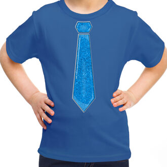 Bellatio Decorations Verkleed t-shirt voor kinderen - glitter stropdas - blauw - meisje - carnaval L (140-152)