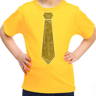 Bellatio Decorations Verkleed t-shirt voor kinderen - glitter stropdas - geel - meisje - carnaval/themafeest kostuum XL (164-176)