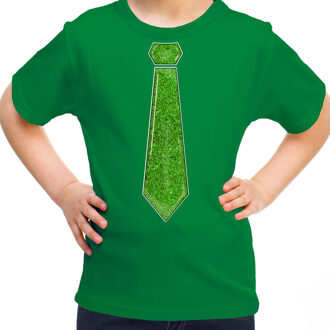 Bellatio Decorations Verkleed t-shirt voor kinderen - glitter stropdas - groen - meisje - carnaval L (140-152)