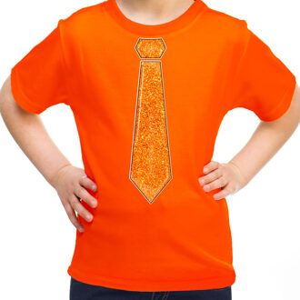 Bellatio Decorations Verkleed t-shirt voor kinderen - glitter stropdas - oranje - meisje - carnaval L (140-152)