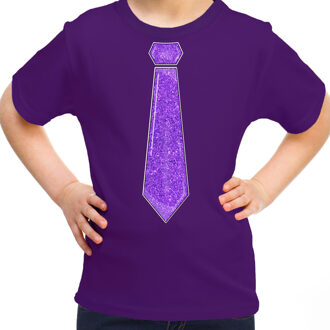 Bellatio Decorations Verkleed t-shirt voor kinderen - glitter stropdas - paars - meisje - carnaval L (140-152)