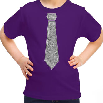 Bellatio Decorations Verkleed t-shirt voor kinderen - glitter stropdas - paars - meisje - carnaval L (140-152)