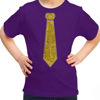 Bellatio Decorations Verkleed t-shirt voor kinderen - glitter stropdas - paars - meisje - carnaval L (140-152)