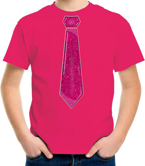 Bellatio Decorations Verkleed t-shirt voor kinderen - glitter stropdas - roze - jongen - carnaval/themafeest kostuum XL (164-176)