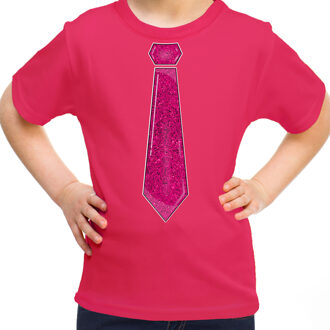 Bellatio Decorations Verkleed t-shirt voor kinderen - glitter stropdas - roze - meisje - carnaval L (140-152)