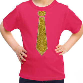 Bellatio Decorations Verkleed t-shirt voor kinderen - glitter stropdas - roze - meisje - carnaval/themafeest kostuum L (140-152)
