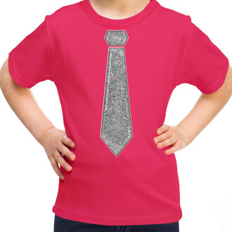 Bellatio Decorations Verkleed t-shirt voor kinderen - glitter stropdas - roze - meisje - carnaval/themafeest kostuum M (116-134)