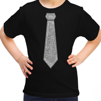 Bellatio Decorations Verkleed t-shirt voor kinderen - glitter stropdas - zwart - meisje - carnaval/themafeest kostuum XS (104-110)