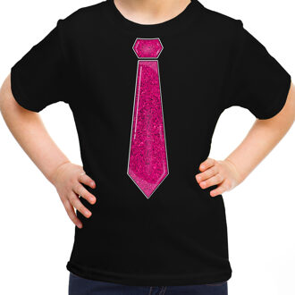 Bellatio Decorations Verkleed t-shirt voor kinderen - glitter stropdas - zwart - meisje - carnaval/themafeest kostuum XS (104-110)
