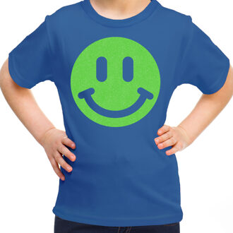 Bellatio Decorations Verkleed T-shirt voor meisjes - smiley - blauw - carnaval - feestkleding kind L (146-152)