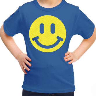 Bellatio Decorations Verkleed T-shirt voor meisjes - smiley - blauw - carnaval - feestkleding kind XL (158-164)