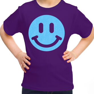 Bellatio Decorations Verkleed T-shirt voor meisjes - smiley - paars - carnaval - feestkleding kind L (146-152)