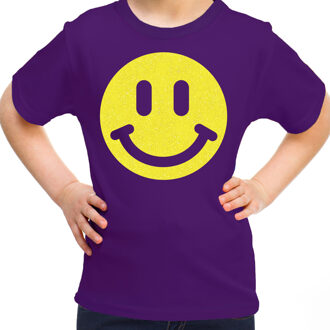 Bellatio Decorations Verkleed T-shirt voor meisjes - smiley - paars - carnaval - feestkleding kind L (146-152)