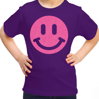 Bellatio Decorations Verkleed T-shirt voor meisjes - smiley - paars - carnaval - feestkleding kind L (146-152)