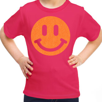 Bellatio Decorations Verkleed T-shirt voor meisjes - smiley - roze - carnaval - feestkleding kind L (146-152)