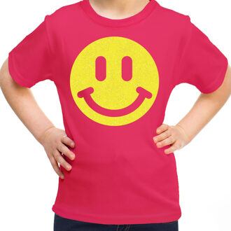 Bellatio Decorations Verkleed T-shirt voor meisjes - smiley - roze - carnaval - feestkleding kind L (146-152)