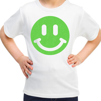 Bellatio Decorations Verkleed T-shirt voor meisjes - smiley - wit - carnaval - feestkleding kind L (146-152)