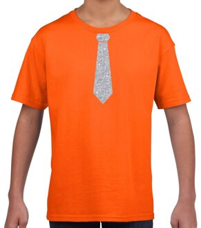 Bellatio Decorations Verkleedkleding t-shirt - oranje - met kleine Stropdas - zilver glitters - kinderen - carnaval
