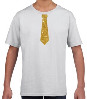 Bellatio Decorations Verkleedkleding t-shirt - wit - met kleine Stropdas - goud glitters - kinderen - carnaval