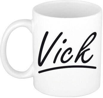 Bellatio Decorations Vick Naam koffiemok - beker - met sierlijke letters - wit - 300 ml - Cadeau - Heren