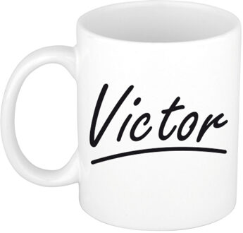 Bellatio Decorations Victor Naam koffiemok - beker - met sierlijke letters - wit - 300 ml - Cadeau - Heren