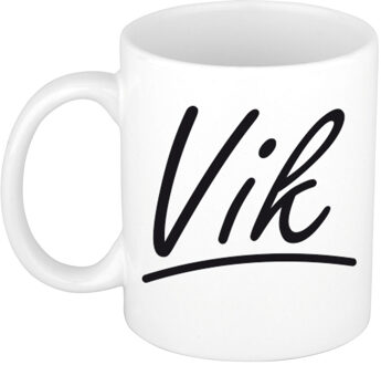 Bellatio Decorations Vik Naam koffiemok - beker - met sierlijke letters - wit - 300 ml - Cadeau - Heren