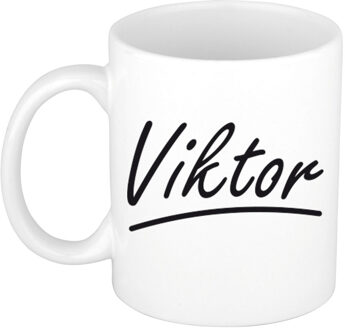 Bellatio Decorations Viktor Naam koffiemok - beker - met sierlijke letters - wit - 300 ml - Cadeau - Heren