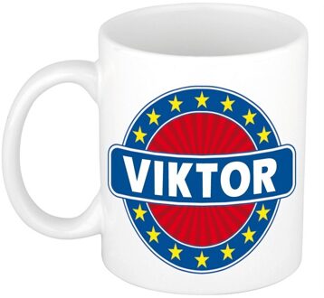 Bellatio Decorations Viktor voornaam koffiemok - beker - wit/blauw - 300 ml - Cadeau - Heren - Collega - Vaderdag Multi