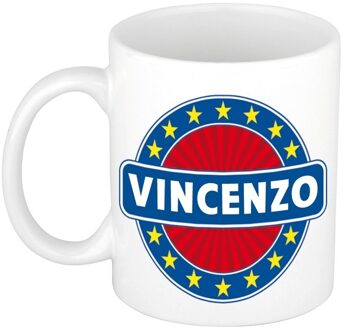 Bellatio Decorations Vincenzo voornaam koffiemok - beker - wit/blauw - 300 ml - Cadeau - Heren - Collega - Vaderdag Multi