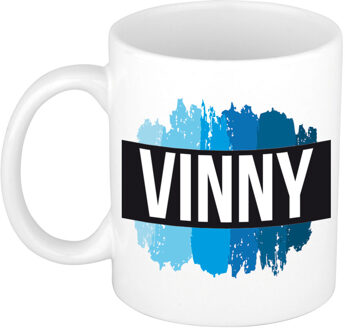 Bellatio Decorations Vinny naam cadeau koffie mok - beker - met blauw verfstrepen - Cadeau collega - vaderdag