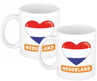 Bellatio Decorations Vlag Nederland koffiemok/beker - 2x - Hartje - 300 ml - Supporters/Koningsdag - cadeau