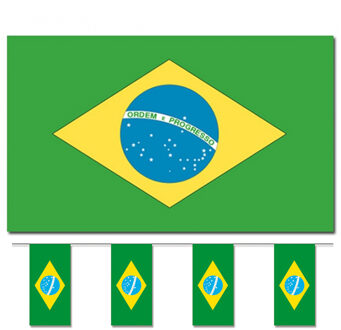 Bellatio Decorations Vlaggen versiering set - Brazilie - Vlag 90 x 150 cm en vlaggenlijn 4 meter