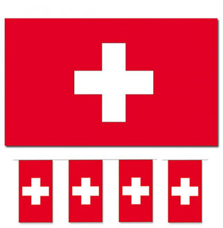 Bellatio Decorations Vlaggen versiering set - Zwitserland - Vlag 90 x 150 cm en vlaggenlijn 4 mete