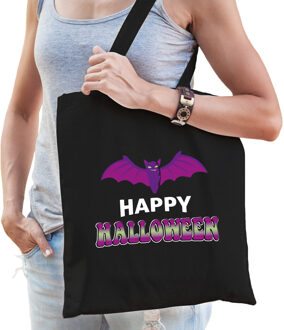 Bellatio Decorations Vleermuis / happy halloween horror tas zwart - bedrukte katoenen tas/ snoep tas - Verkleedtassen