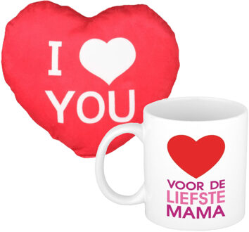 Bellatio Decorations Voor de liefste mama - mok/beker - 300 ml - incl. sierkussentje hart vorm - 12 cm